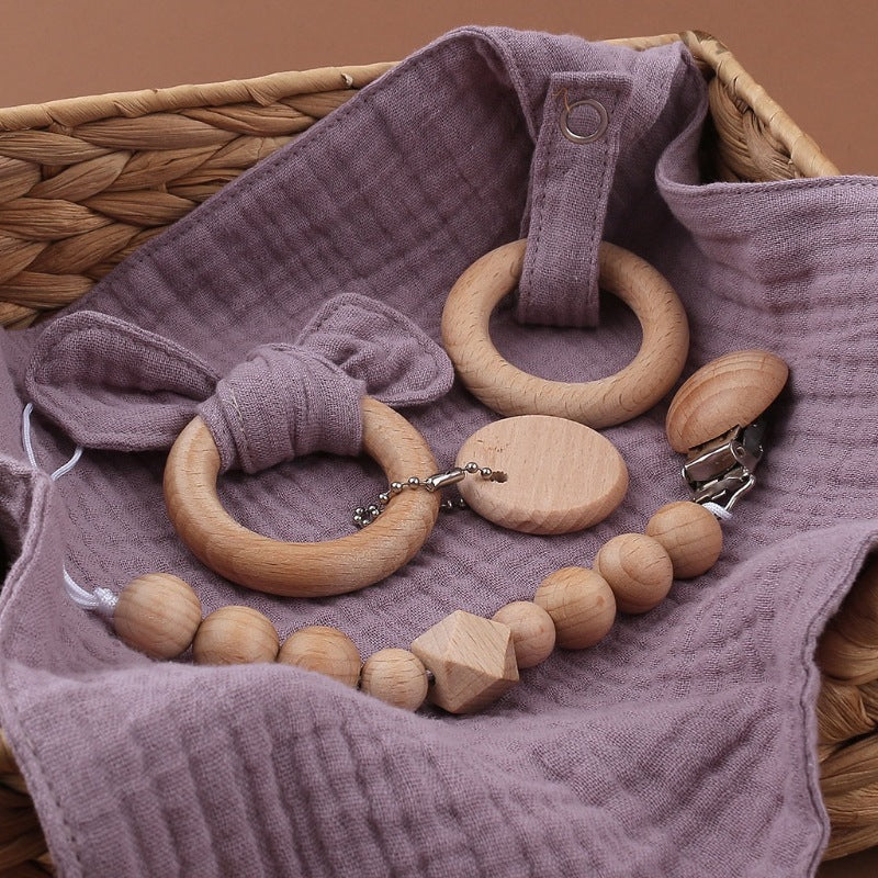 Baby Bath Toy Set Wooden Rattle Infant Babyplay Cotton Comfort Towel Baby Teether Wood Ring Baby Shower Gift